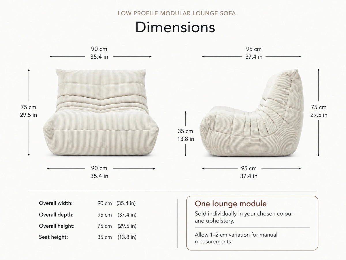 90 cm lounge module dimensions: 90 x 95 x 75 cm, seat height 35 cm. Sold individually.