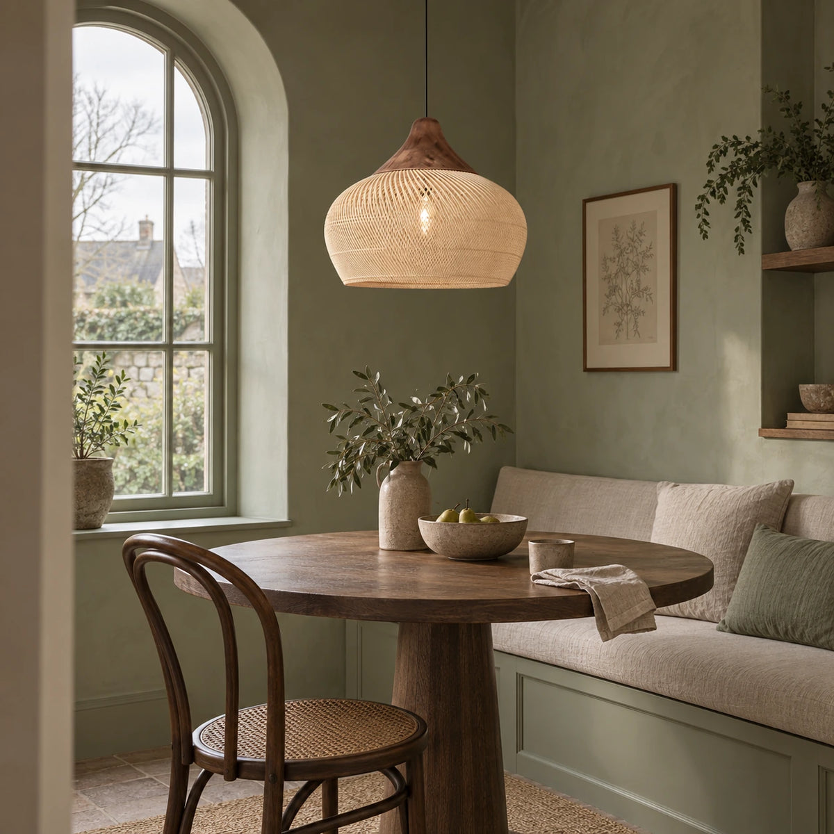 Open-weave pendant above a round oak table in a sage-toned dining alcove.