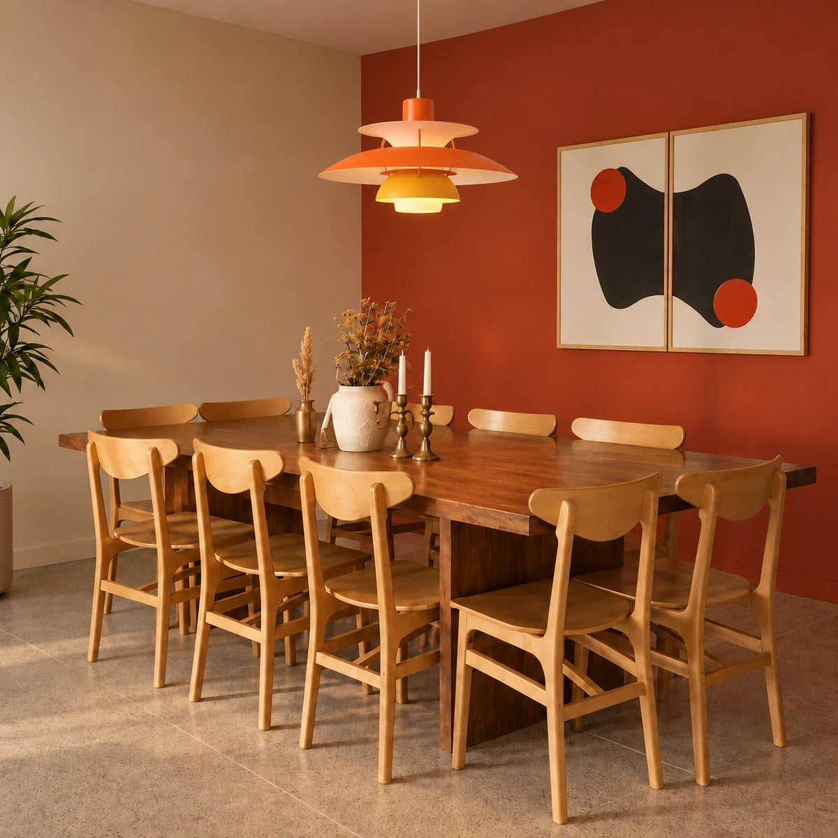 Layered Scandinavian Pendant Lamp in Ombre Orange above a wood dining table in a warm-toned room