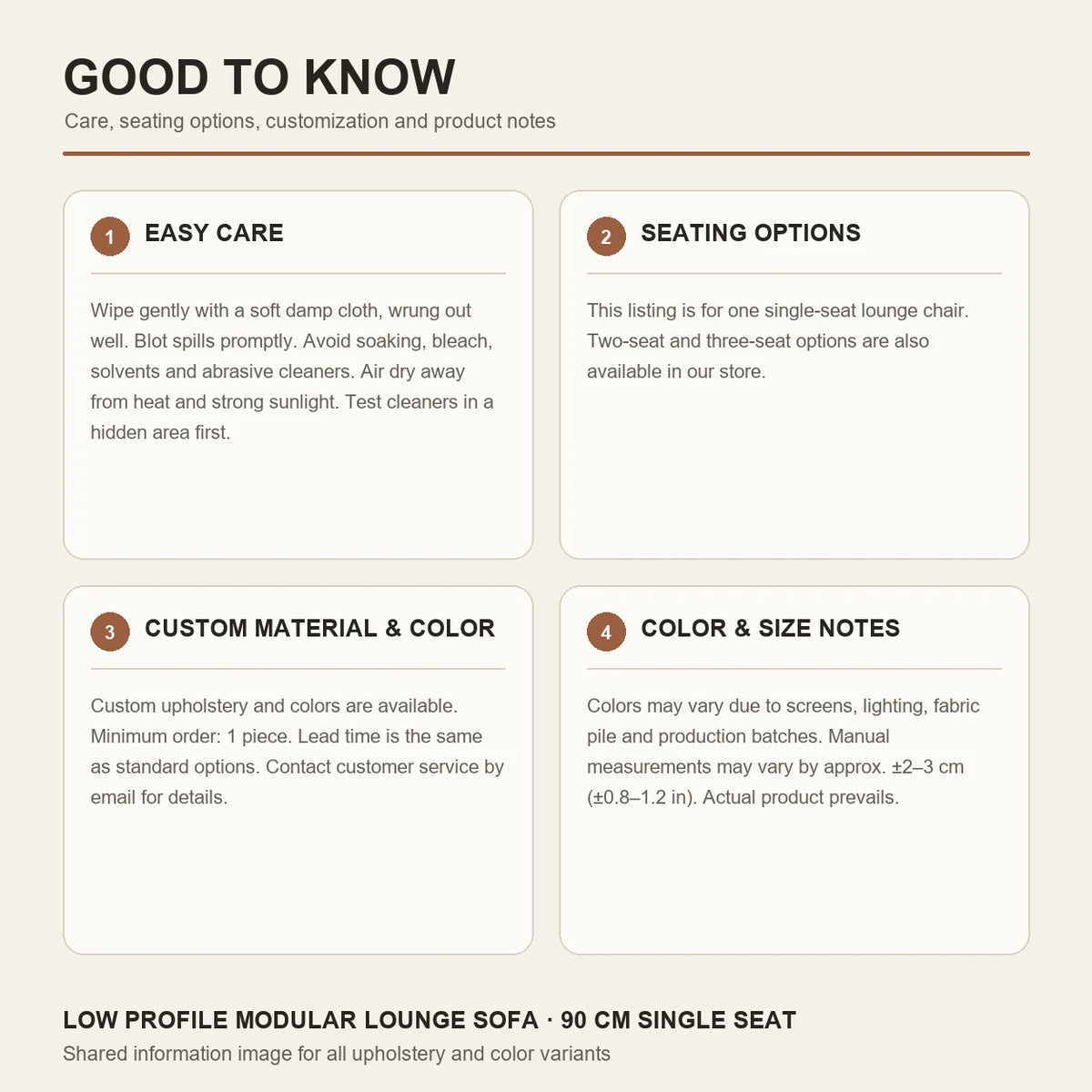 Care, seating options, custom upholstery and measurement notes