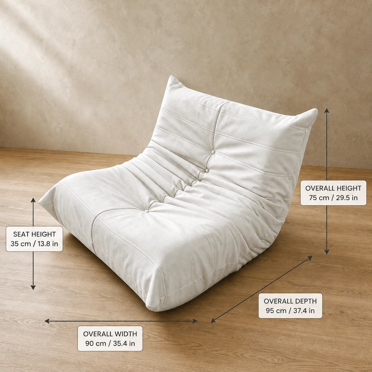 Low-profile lounge sofa dimensions in metric and imperial units