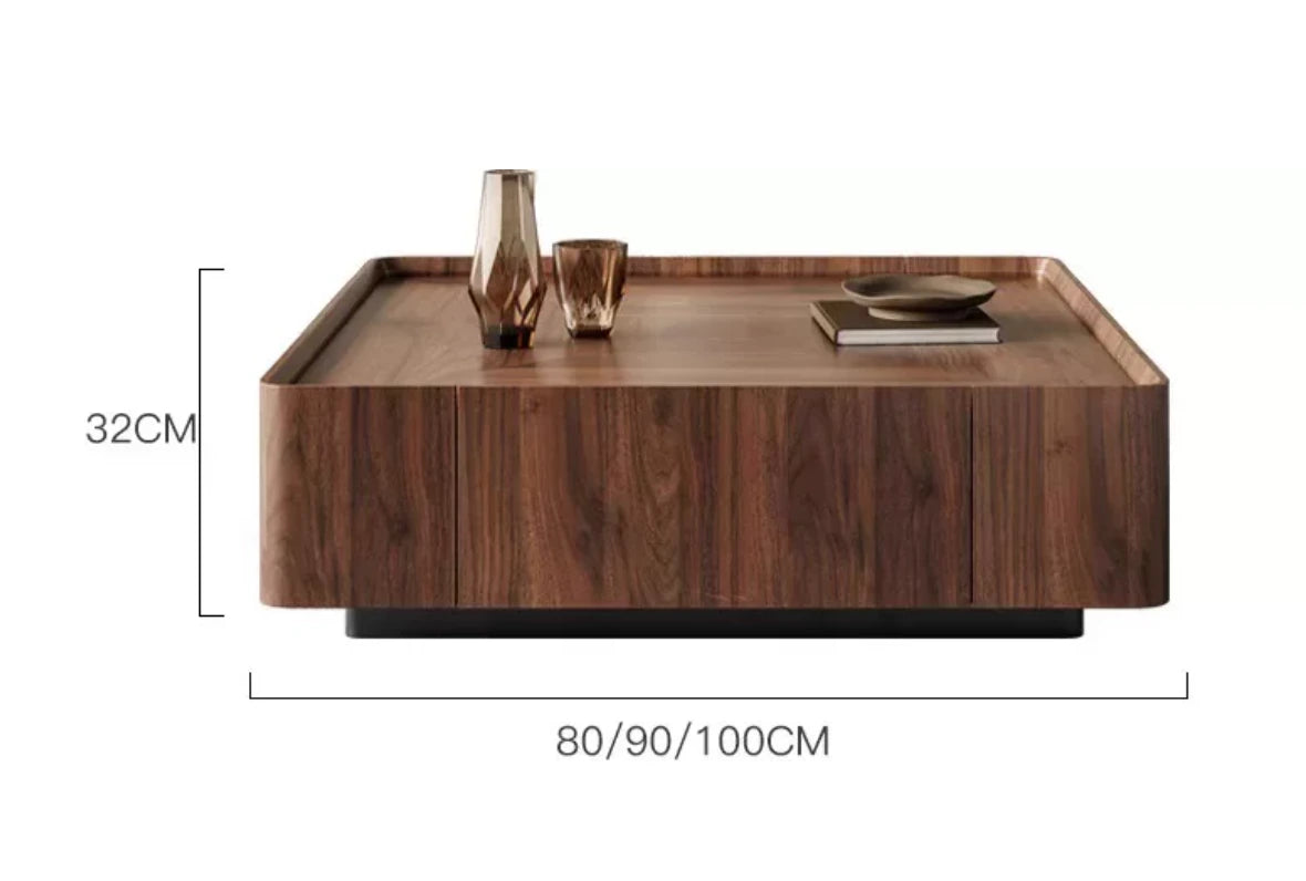 Square walnut veneer coffee table dimensions: 80, 90 or 100 cm wide and 32 cm high