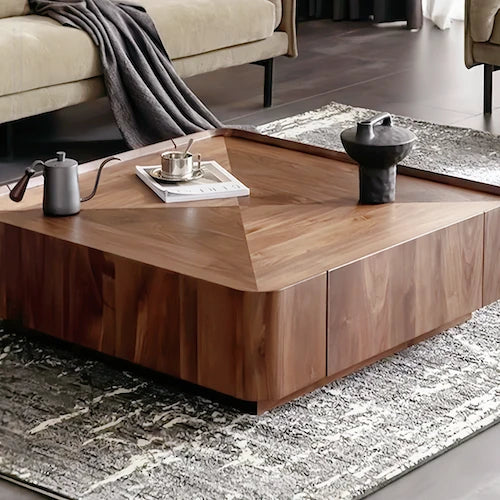 Square walnut veneer coffee table styled in a modern living room
