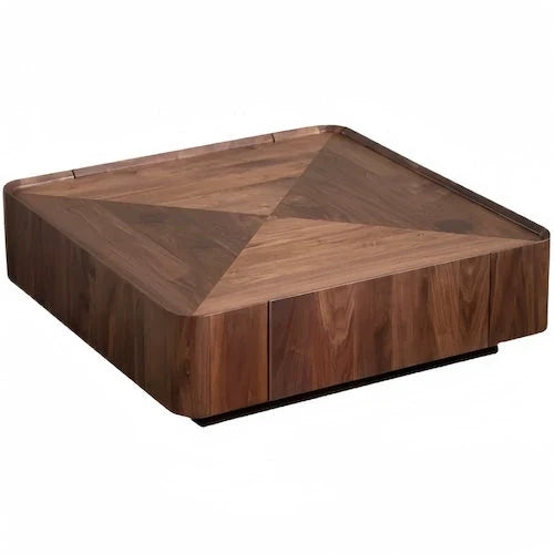Square walnut veneer coffee table on a white background