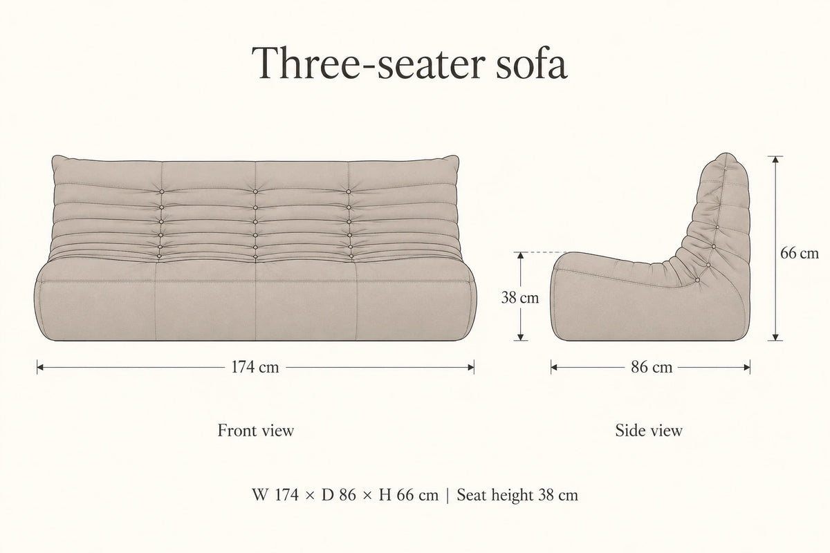 Three-seater sofa dimension illustration - width 174 cm, depth 86 cm, height 66 cm, seat height 38 cm