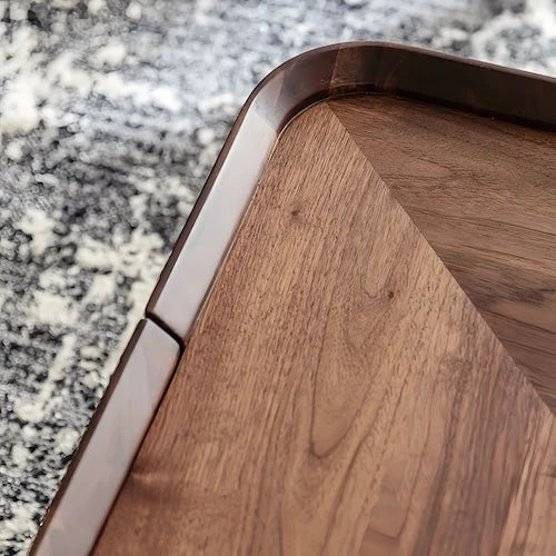 Walnut veneer grain and rounded corner detail