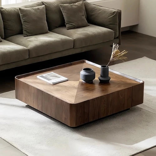 Walnut veneer coffee table with double drawers in a living room