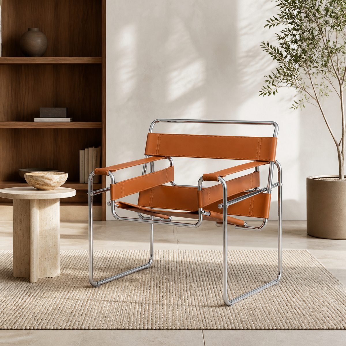 Cognac tubular steel leather accent chair in a refined contemporary living room, square lifestyle image