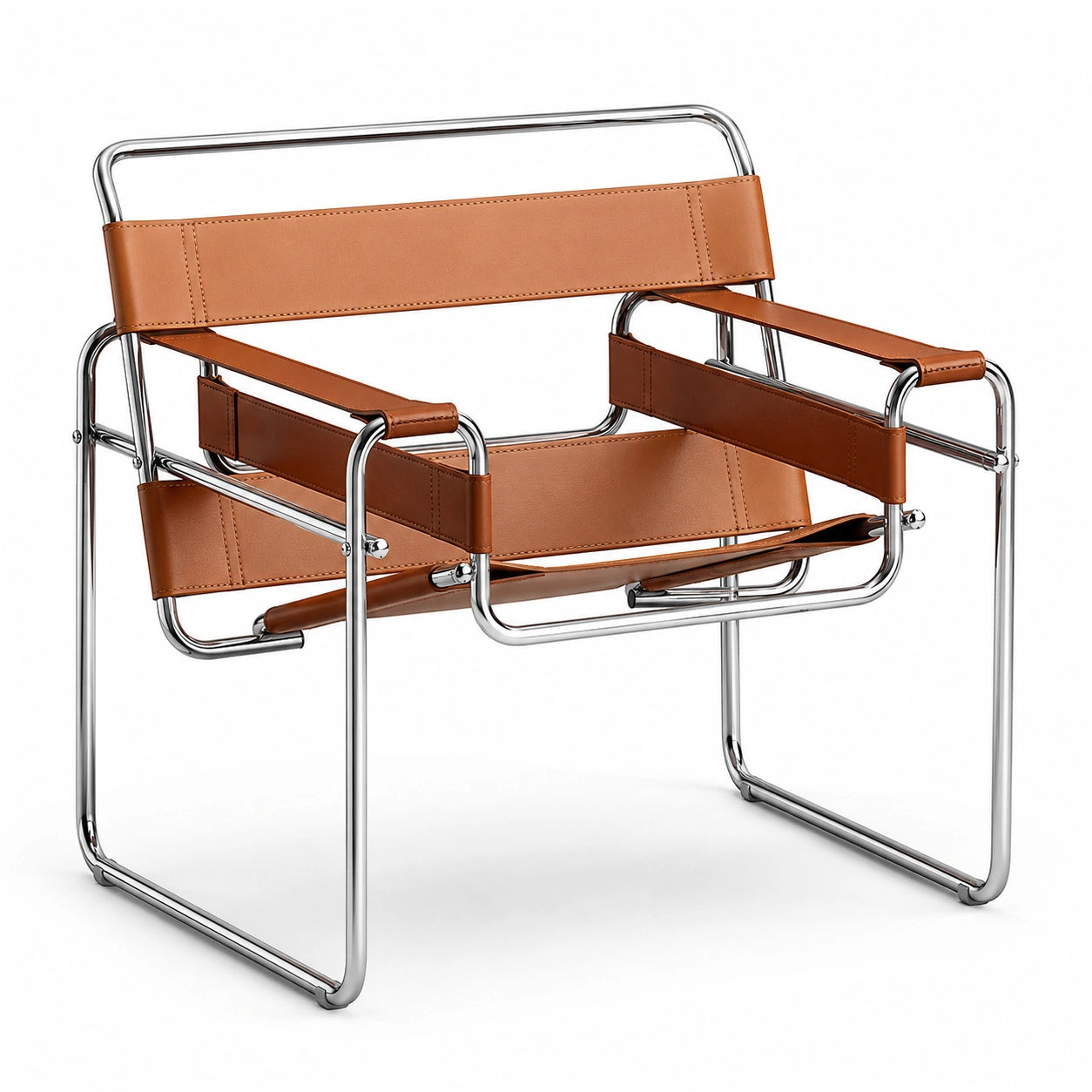 Tubular Steel Leather Accent Chair in tan cognac leather