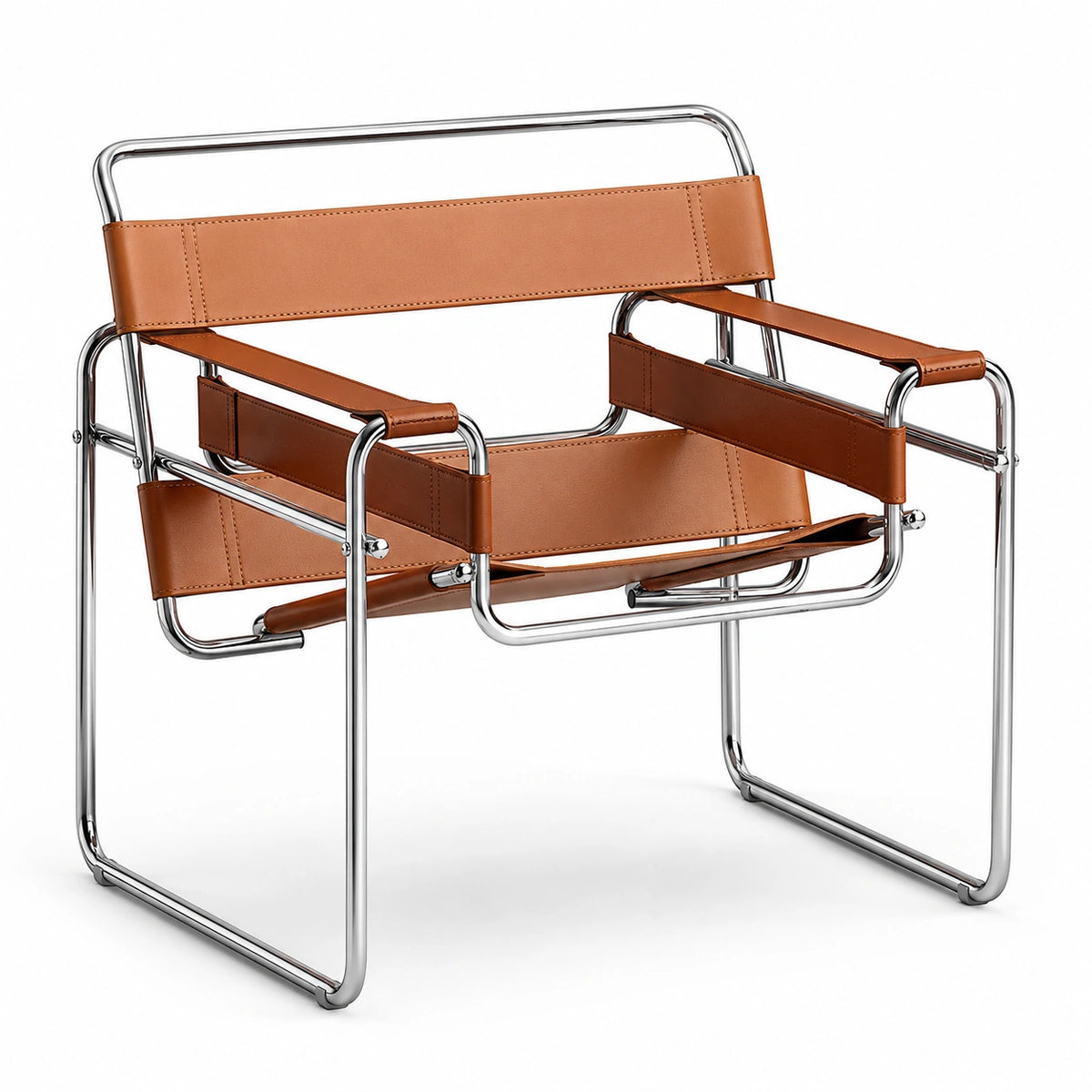 Tubular Steel Leather Accent Chair in tan cognac leather