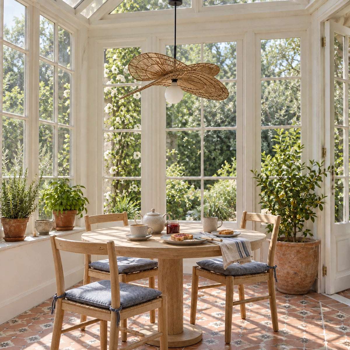 Unlit wicker pendant above a round breakfast table in a bright garden room