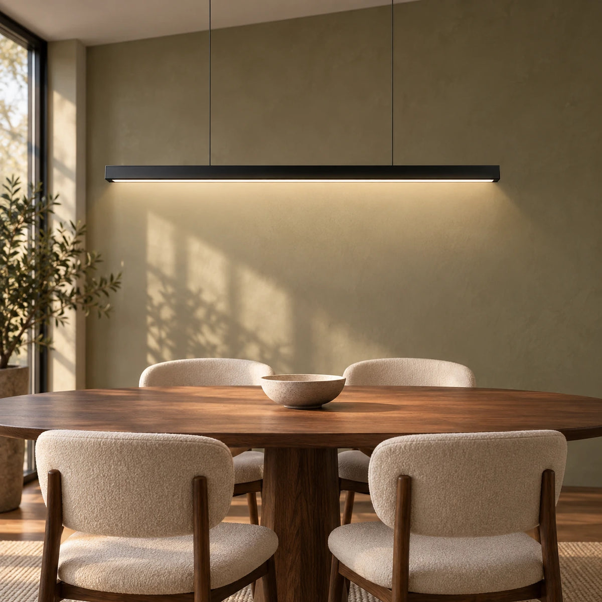 Black linear pendant above a walnut dining table in an olive-toned interior