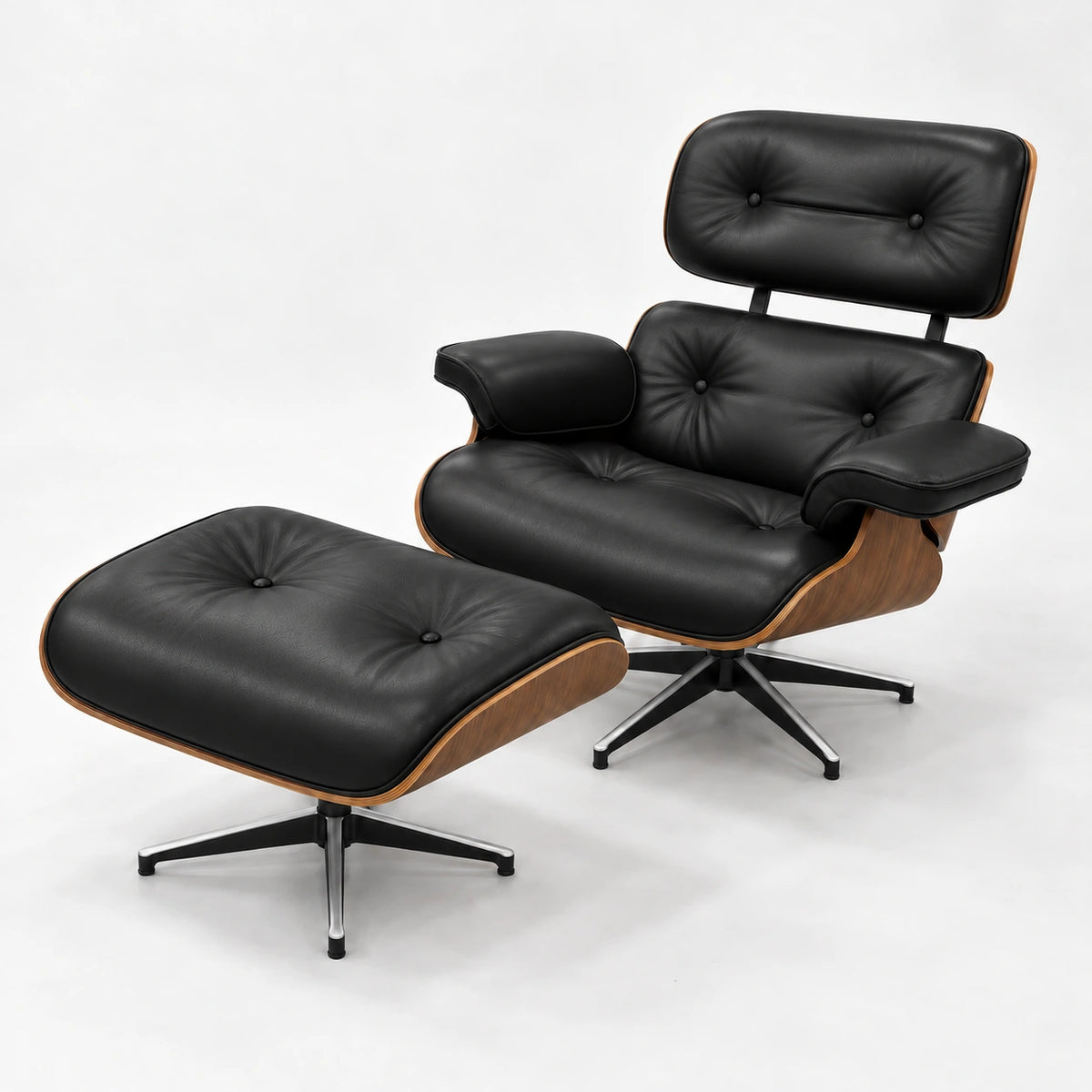 Lounge chair and matching ottoman with black upholstery and a walnut-tone wood shell
