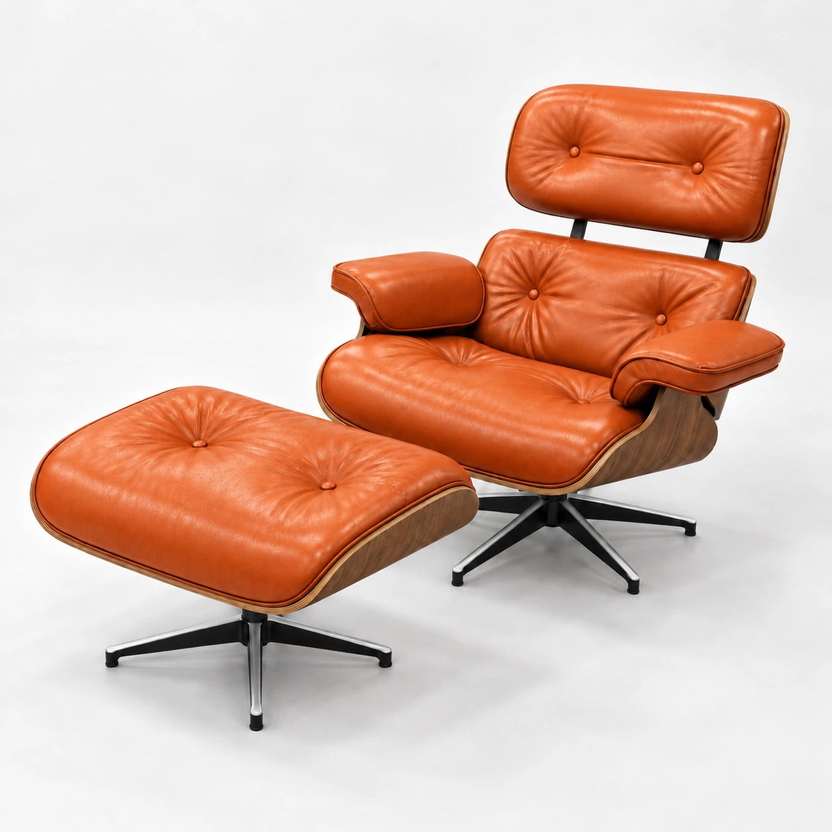Orange lounge chair and matching ottoman with walnut wood finish