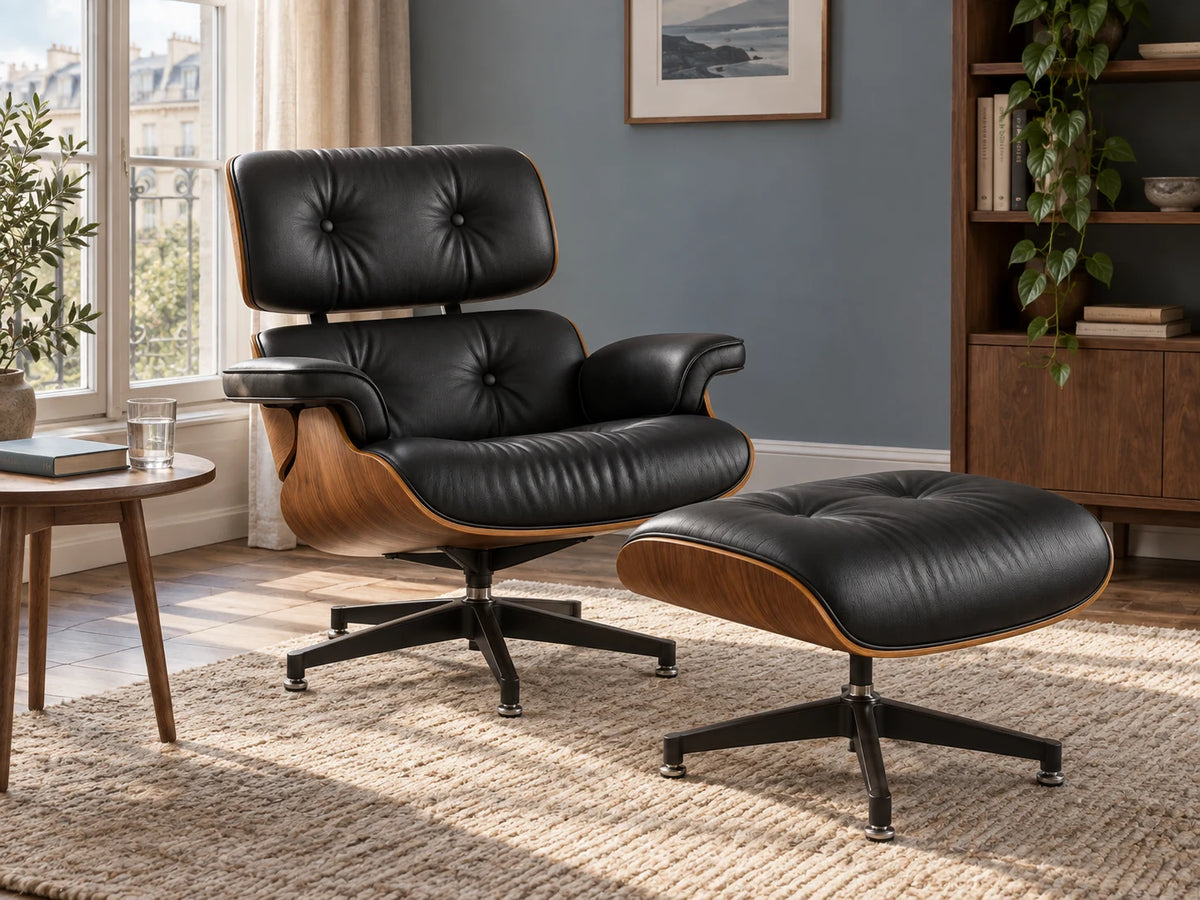 Black lounge chair and ottoman beside a window