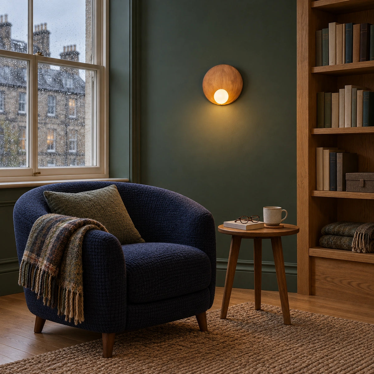 Small brown resin disc wall light in a rainy reading corner with a navy chair