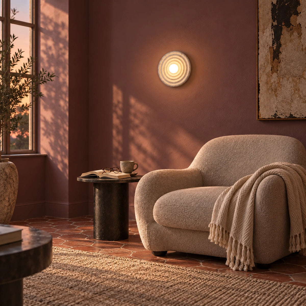 Small pale ripple wall light beside a cream chair with a book and mug