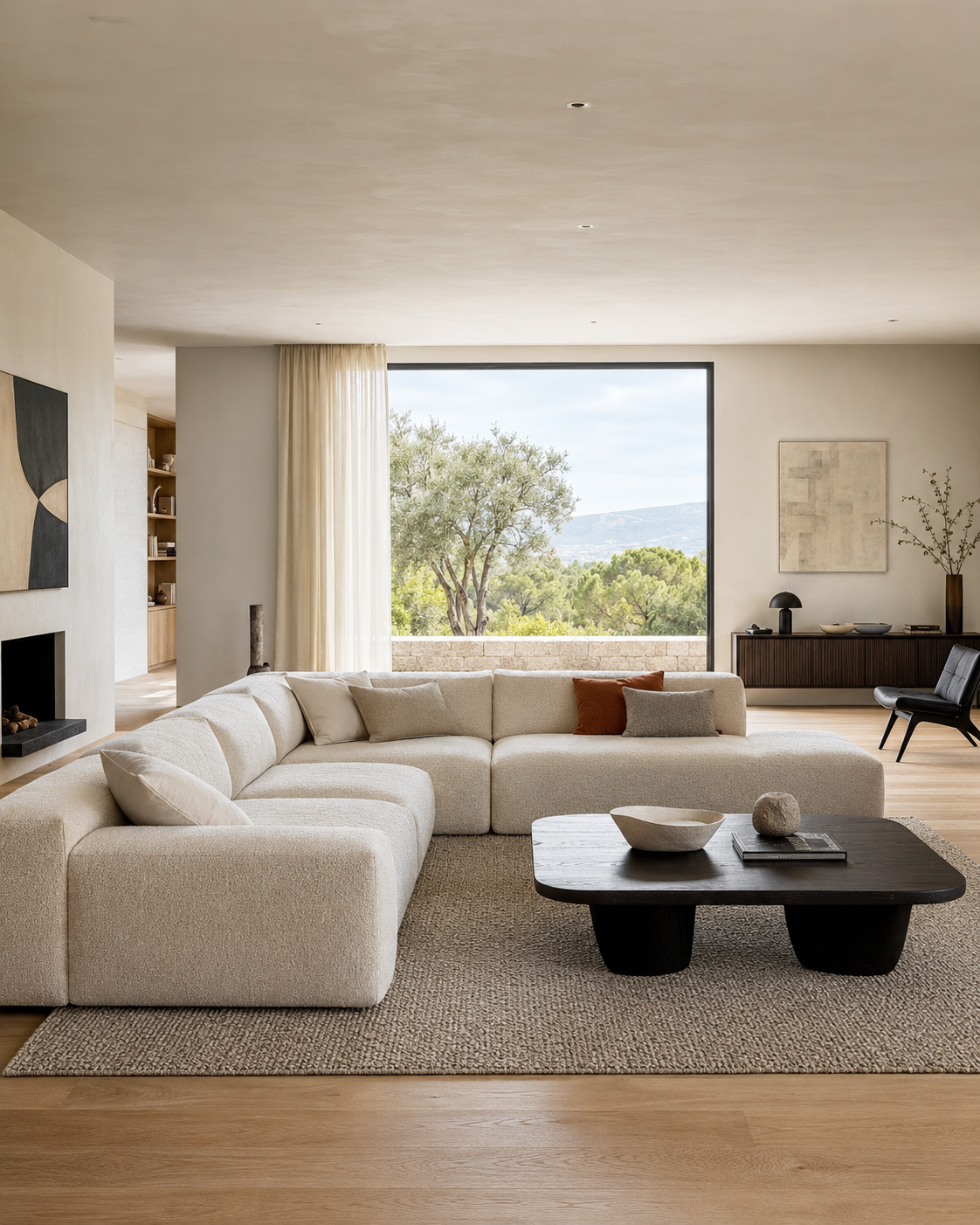 Bright contemporary living room with cream modular sofa and dark coffee table