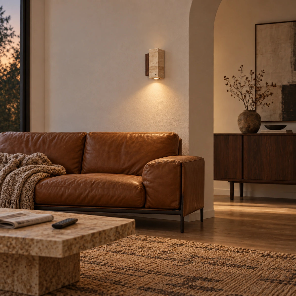 Small rectangular stone wall light with brown mounting block beside a cognac sofa