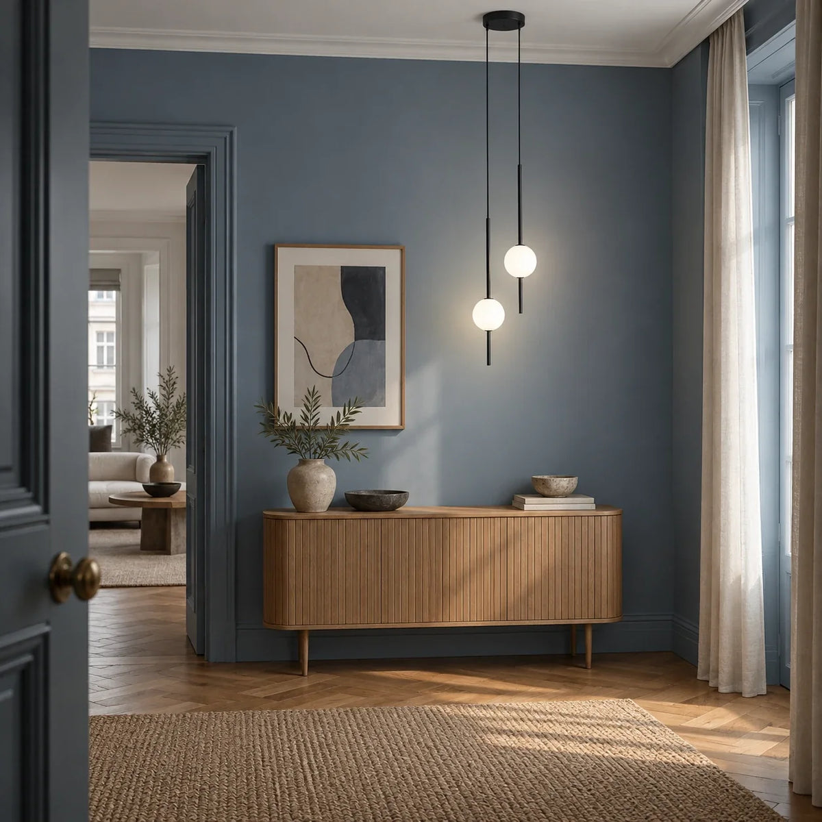 Two-head black pendant option in a blue European hallway; styling illustration
